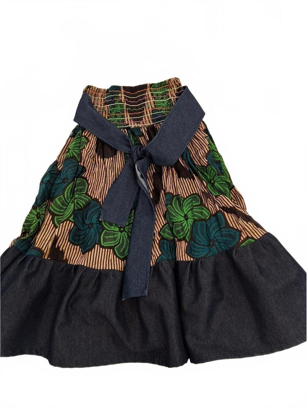 Orient Emporium Floral and Denim Midi Skirt with Waist Tie
